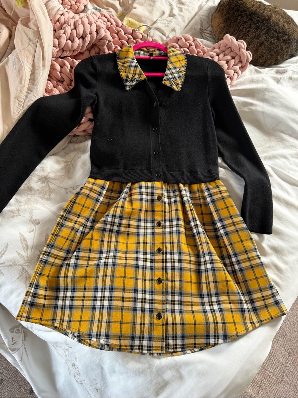 Maje Black Knit Top with Yellow Plaid Skirt Dress
